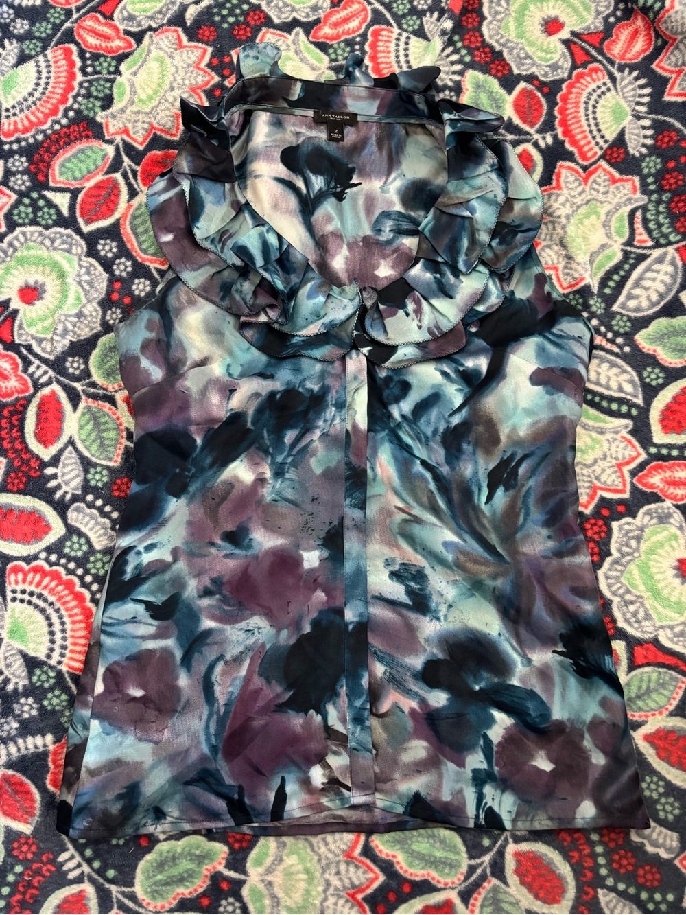 Ann Taylor Blue and Purple Watercolor Ruffled Sleeveless Blouse